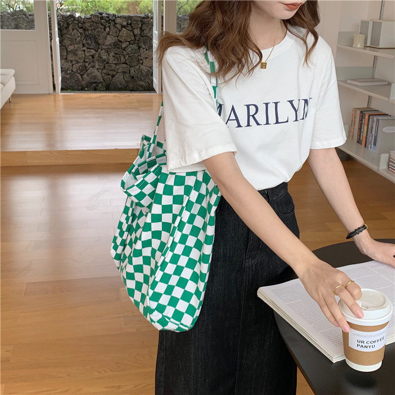 【 In Stock 】18181 checkerboard green checkered canvas bag, school-style commuter single-shoulder bag, retro hand-held tote bag undefined
