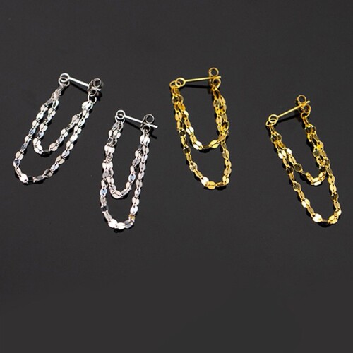 925 silver needle earrings front and rear double chain tassel earrings big face slimming earrings for women  new style