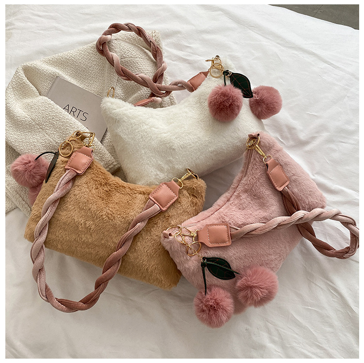 autumn and winter new furry hand bag candy color knotted croissant lamb plush portable cloud bagpicture3