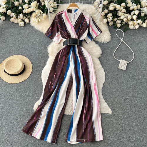 Autumn new high-waisted color-blocked striped jumpsuit for women, fashionable slim fit, OL temperament wide-legged jumpsuit for women