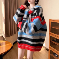 一整套ootd穿搭时尚韩系设计感毛衣撞色条纹针织上衣休闲短裙套装