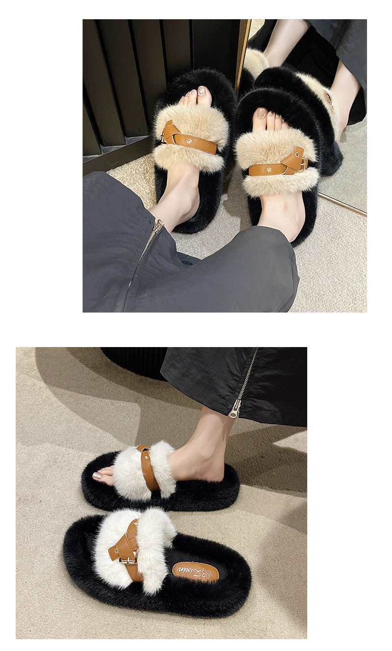 Pantofole in pelliccia nera panda di vendita calda per donna 2023 nuovo nodo con cintura autunno e inverno con calzini e mezze pantofole in velluto_voghion.com