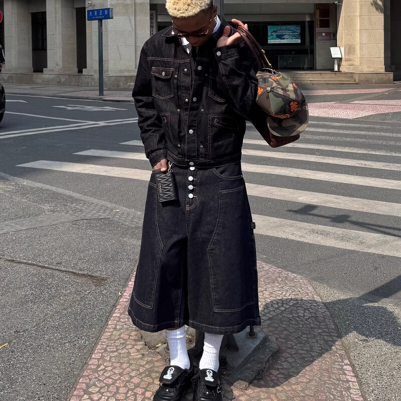 2026 American Retro Washed Raw Denim Men's Cropped Pants with a Unique Design, Loose Wide-Leg Straight Work Pants
