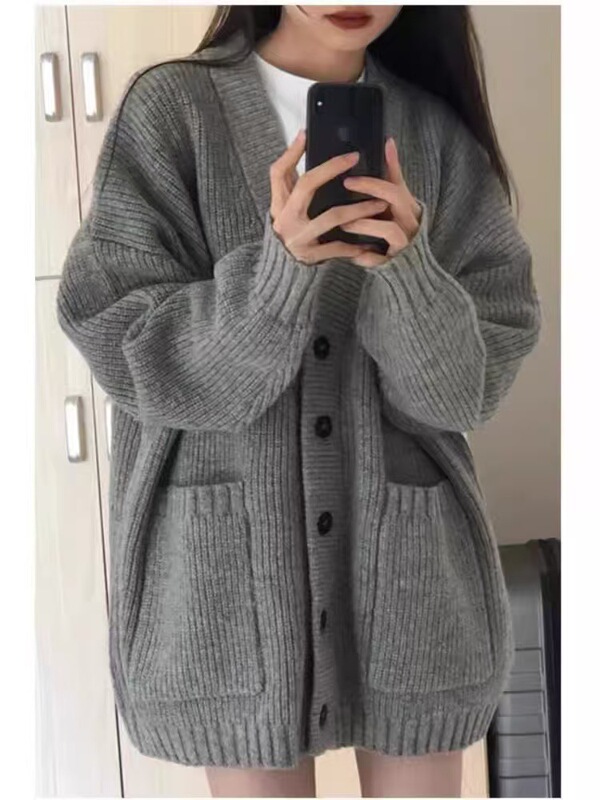 复古慵懒风V领100羊毛中长款毛衣开衫女宽松加厚大码针织上衣打底|undefined