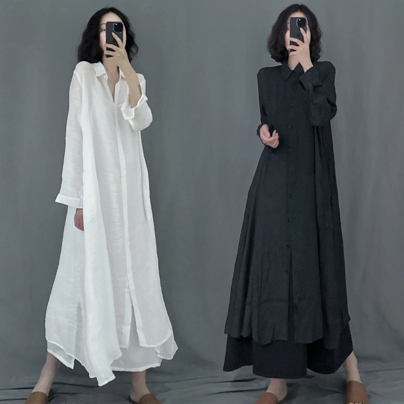 Минималистичный ветер с длинными рукавами на плече и длинными рукавами длинный солнцезащитный кардиган свободный и холодный шелковый белый юбка-рубашка