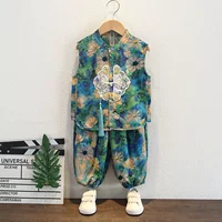Летний комплект жилета без рукавов в китайском стиле для мальчиков Hanfu, официальная одежда для детей одного года, новый детский тонкий костюм Тан в китайском стиле.