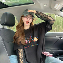 ins卡通涂鸦假两件纯棉t恤女网红超火蕾丝拼接防晒中长款气质上衣