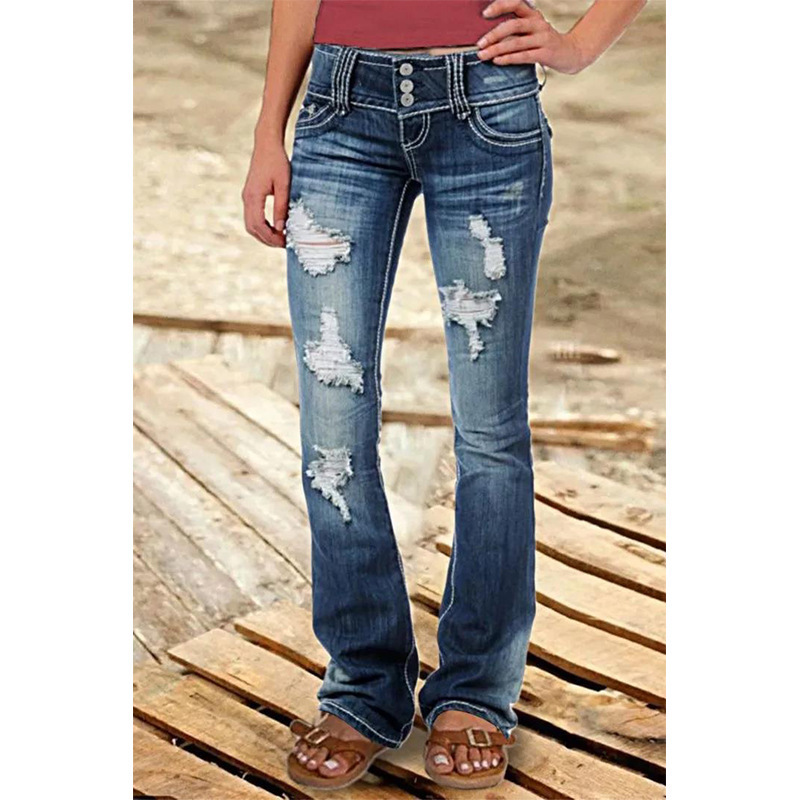 2023 New Autumn and Winter Cross-Border Denim Low-Waisted Pants Retro Low-Waist Ripped Button Jeans