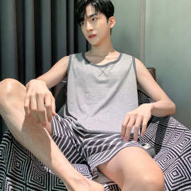 睡衣男士夏季纯棉薄2023新款背心短裤休闲家居服套装大码无袖夏天