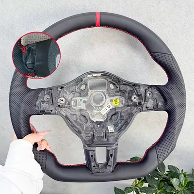 Suitable for Volkswagen Golf 6 MK6 GTI R Rline red line leather perforated flat-bottom sports steering wheel (Steering wheel) - with-pick-hole