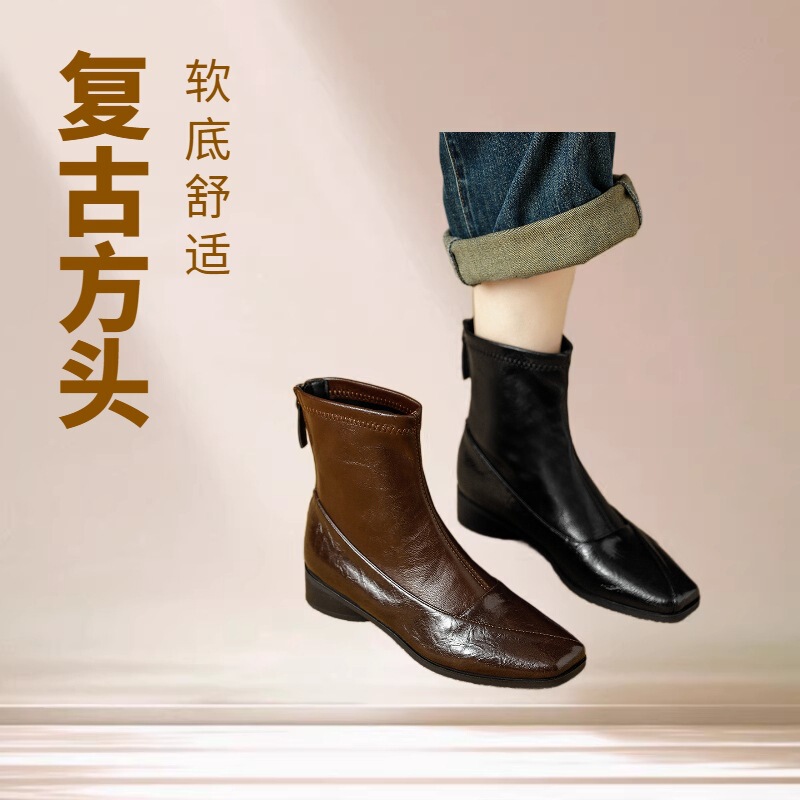 Retro Square-Toe Short Boots, New Autumn Style, Simple and Versatile Martin Boots, Soft Soles, Comfortable Back Zipper, Elastic Slim Boots Retro Square-Toe Short Boots, New Autumn Style, Simple and Versatile Martin Boots, Soft Soles, Comfortable Back Zipper, Elastic Slim Boots