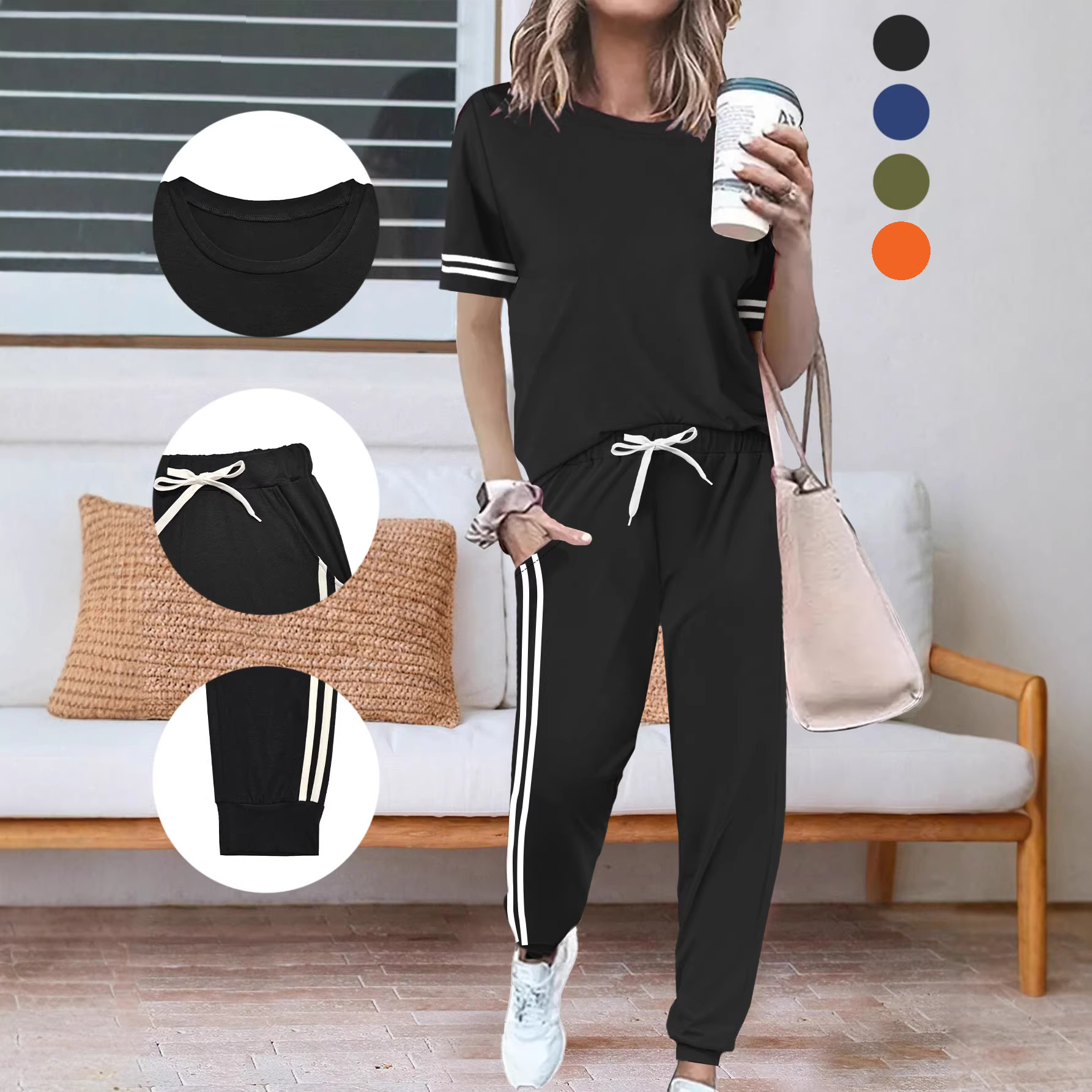 Women's Short Sleeve T-Shirt And Pants Two-Piece Set Casual Comfort Summer Outfit Soft Cotton Blend_ecoleips.com