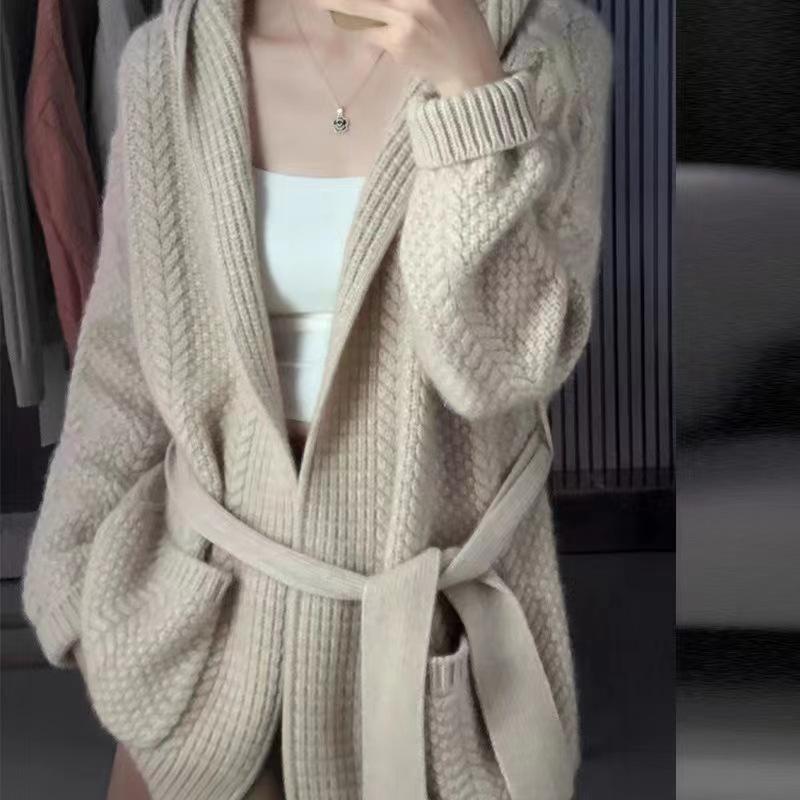 Heavyweight Autumn and Winter Thick Cashmere Cardigan Women's Coat with a Loose Design, Full Wool Knit, Hooded, with a Belt, in a Lazy Style Heavyweight Autumn and Winter Thick Cashmere Cardigan Women's Coat with a Loose Design, Full Wool Knit, Hooded, with a Belt, in a Lazy Style