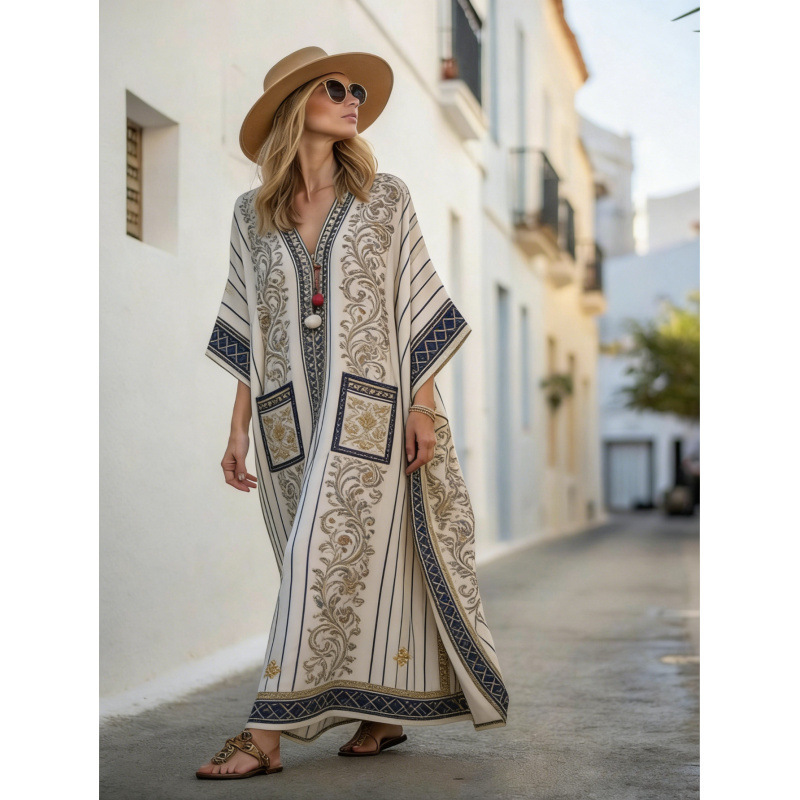 European and American Cross-Border Bohemian Style Fashion Women's Casual Vacation 3D Printed Beach Kaftan Cardigan Long Dress European and American Cross-Border Bohemian Style Fashion Women's Casual Vacation 3D Printed Beach Kaftan Cardigan Long Dress