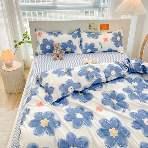 Lemon Fresh Aloe Cotton Soft Flannel Quilt Set for Dormitory Three-Piece Gift Set Bed Sheet and Duvet Cover Bedding Wholesale