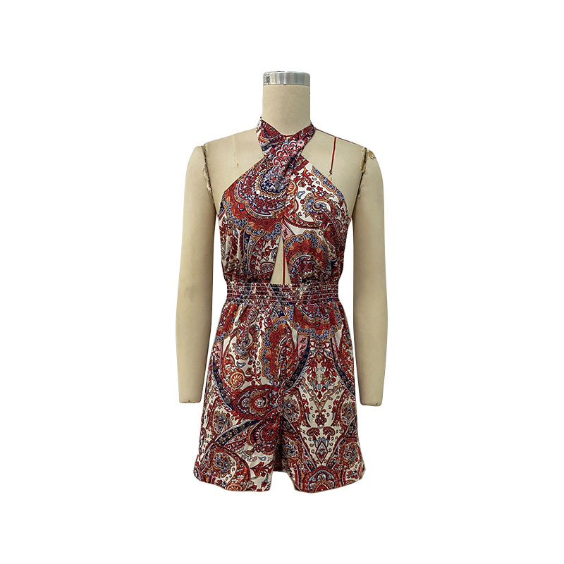 Summer Women Clothing Hollow Out Cutout Printed Jumpsuit