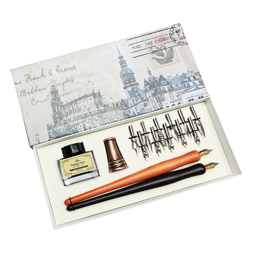 TM06-F2 comic dip pen suit containing 2 wooden pens black ink 11 tips Hook pen English Flower Body