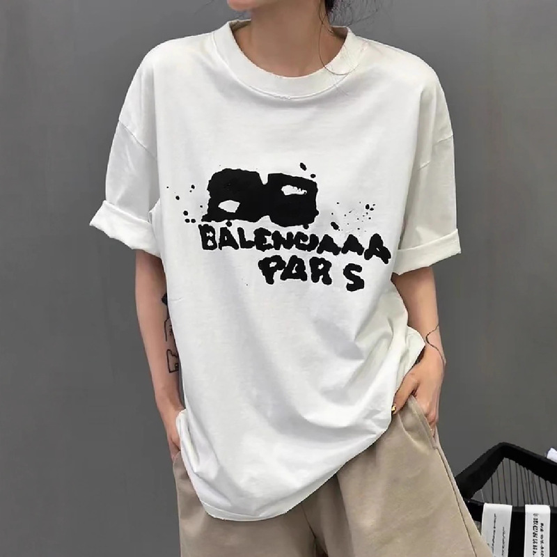 Paris Short-Sleeved T-Shirt for Men and Women, Blurred Letter Printed Half-Sleeved Shirt, Loose Top, Trendy Brand B Pure Cotton T-Shirt