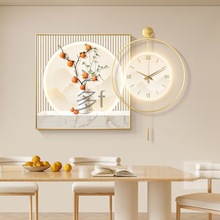 多f奶油风餐厅装饰画柿柿如意带钟表饭厅墙面挂画寓意好柿子壁画