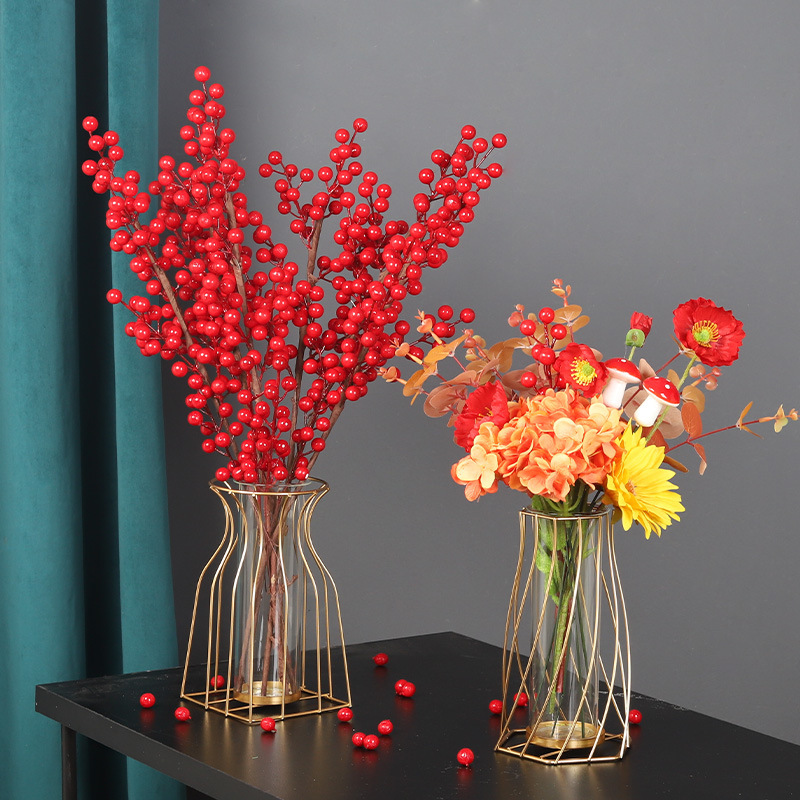 ins北欧简约铁艺几何花瓶摆件 家居装饰品透明玻璃干花插花花瓶