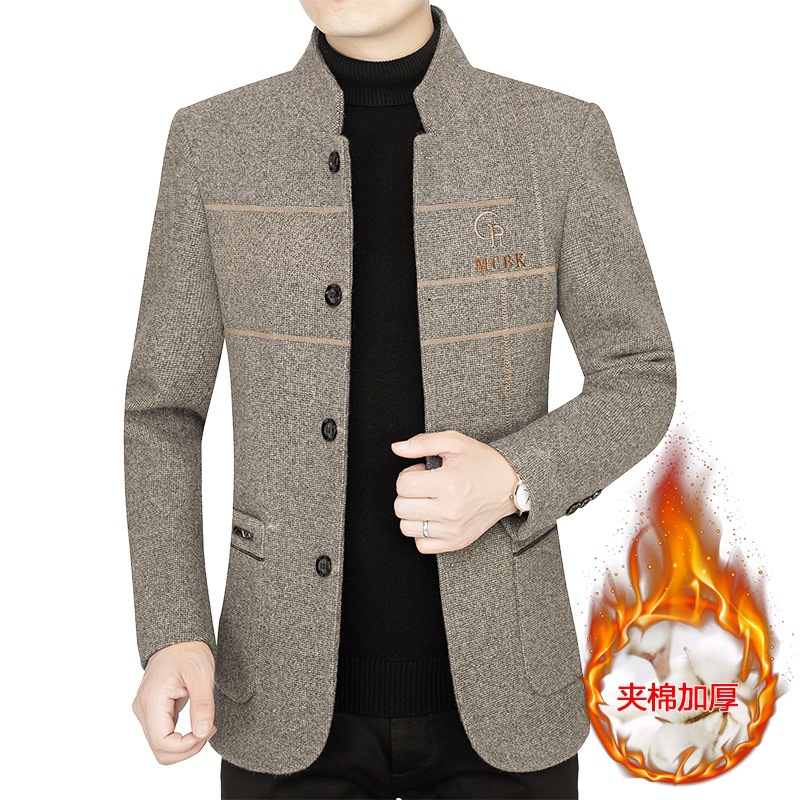 Chaqueta de lana gruesa para hombres de mediana edad, otoño e invierno 2025, cuello alto, estilo casual de negocios, abrigo de lana para papá