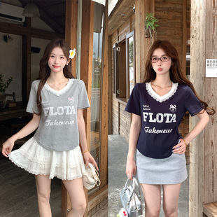 Actual Shot of 2025 Summer Fat mm Large Size Sweet and Spicy Letter Lace V Neck T-Shirt Petite Slim Top 80039