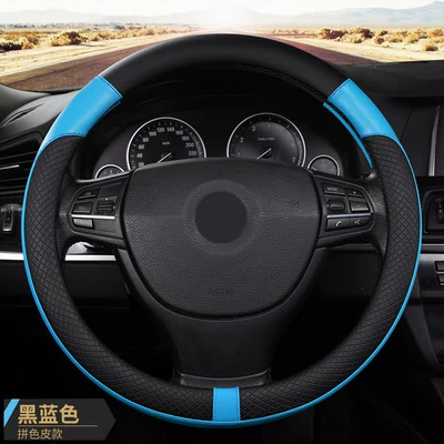 steering wheel cover, summer leather – Steering wheel cover - black-and-blue-patchworksteering-wheel-cover-38cm