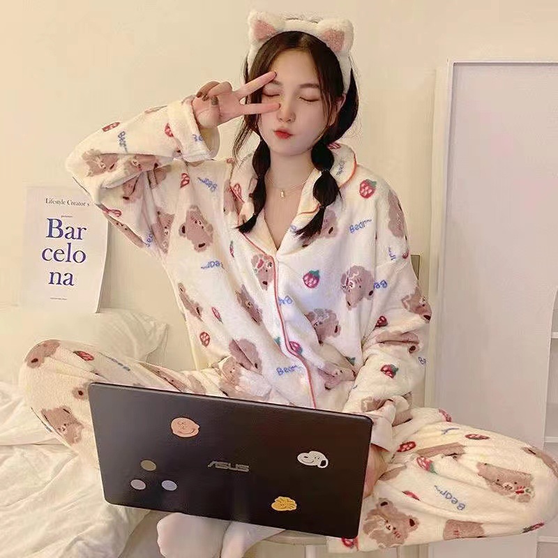 Franela dibujos animados fresa oso Pijamas Mujer coral vellón Linda niña de dos piezas de ropa para el hogar transmisión en vivo generación en línea