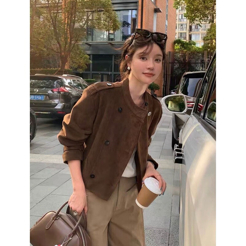Vintage Suede Double-Breasted Jacket Top 2025 Autumn New Petite High-End Motorcycle Short Coat Trend