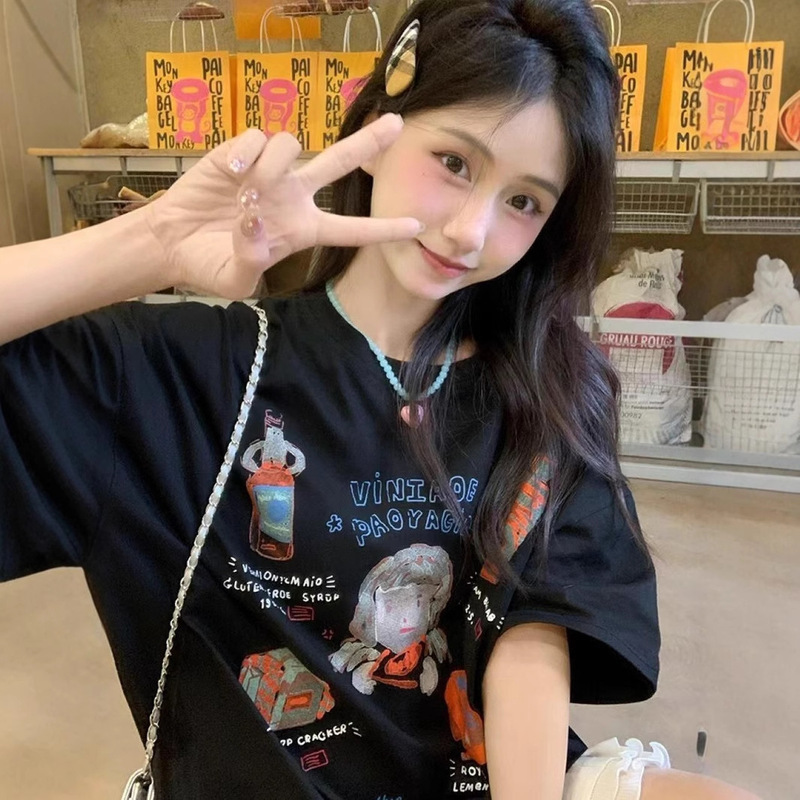 Fuzzy Pure Cotton Short-Sleeved T-Shirt Women's Printed Shirt Funny Printed Half-Sleeved T-Shirt Tops for Girls and Youth Loose