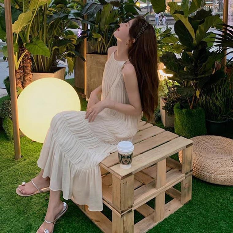 Sanya Seaside Holiday Fairy Dress Thin French Style Platycodon Strap Long Dress Summer Slim Beach Skirt Summer