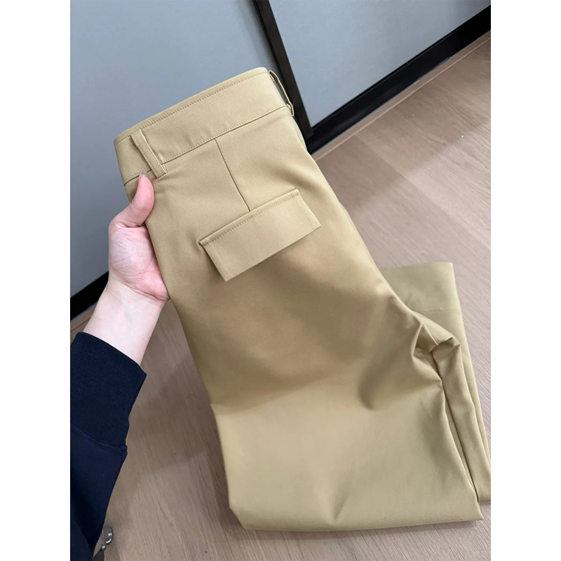 Quần tây nữ ống rộng cạp cao dáng suông kaki chín tấc mùa hè — Màu kaki chi tiết 3