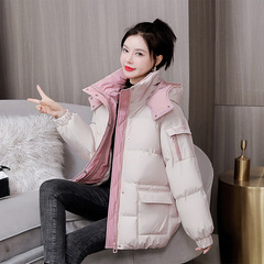 羽绒棉服女短款2025新款韩版面包服冬季棉衣连帽加厚撞色棉袄外套