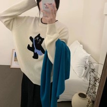 韩系甜美宽松外穿针织衫套头趣味猫咪提花软糯毛衣女秋冬新款上衣