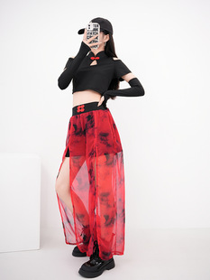 New Chinese-style Long-sleeved Top Guxia Tie-dyed Yarn Elegant Culottes Wide-leg Pants suit Performance Team Performance Costume