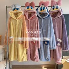 睡衣女秋冬季珊瑚绒可爱网红加厚长款睡袍唐老鸭浴袍女冬季家居服