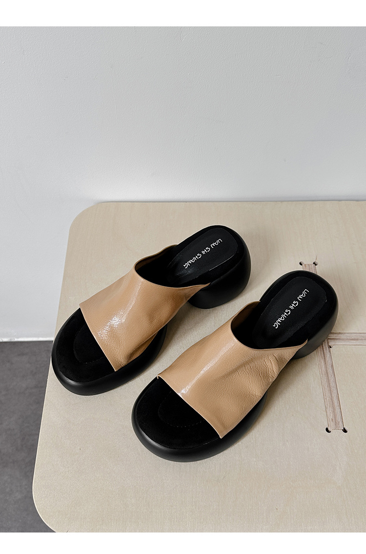 Dép lê nữ da cừu đế dày 7 cm, sandal hở mũi tăng chiều cao — đen chi tiết 12