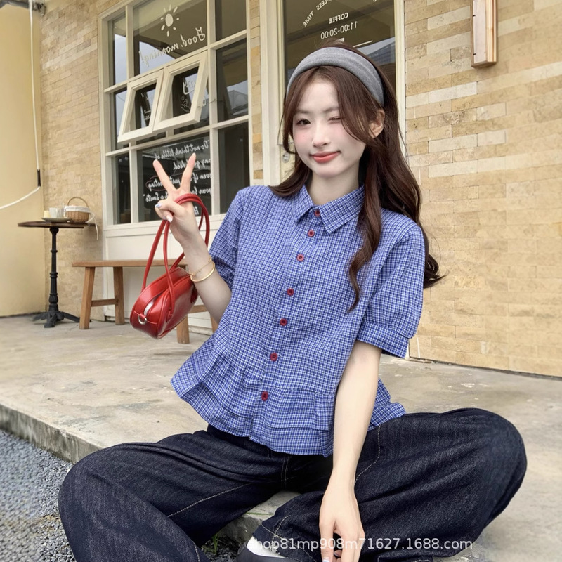 Blue Plaid Puff Sleeve Shirt for Women 2025 Summer French Miu Style Ruffled Commuter Cardigan Shirt Short Style