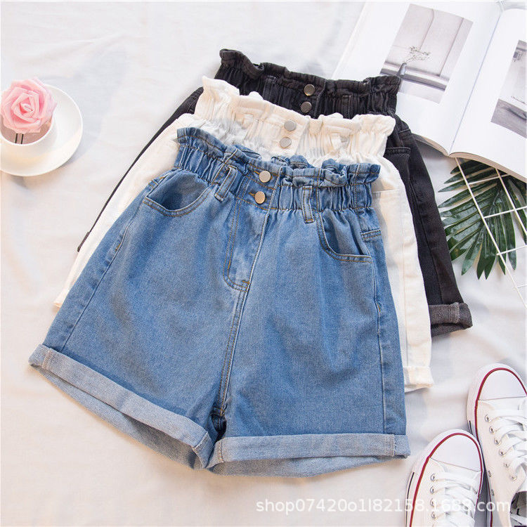 elastic waist Denim shorts women's thin loose 2025 summer new high waist slimming wide leg a pants hot pants