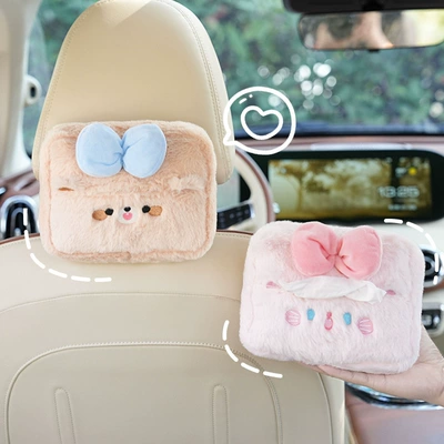 Plush cartoon car tissue box multifunctional car armrest box tissue box cute hanging tissue storage box