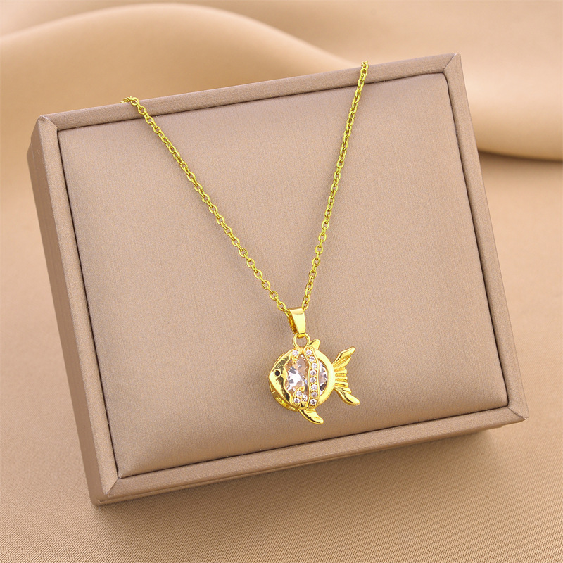 Cute Fish Inlay Rhinestones Pendent Titanium Steel Necklace | Colorza.com
