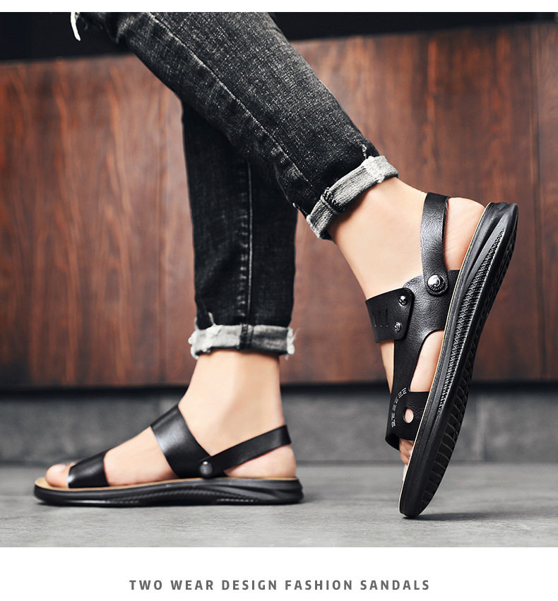 Dép sandal nam hở ngón quai ngang chất liệu da PU chống trơn trượt, size lớn đi ngoài trời và đi biển — Màu nâu, Màu đen chi tiết 12
