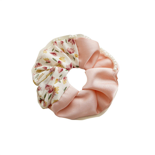 Summer sweet color-blocked floral fabric satin large intestine hair tie hair accessory for women's back ponytail rubber band hair rope