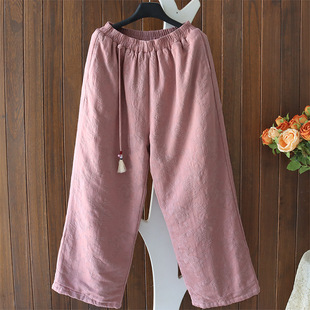 Winter new jacquard cotton and linen padded cotton pants women's elastic waist quilted loose straight pants trousers