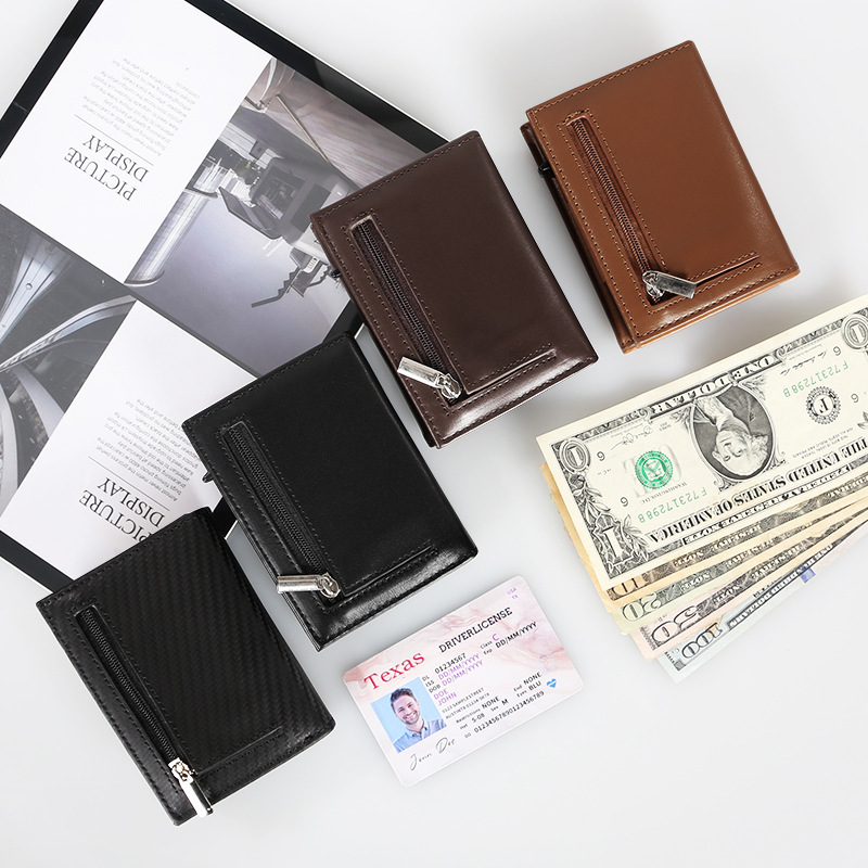 国境を越えたホットモデル RFID 金属クレジット カード ボックス ビジネス男性と女性のポータブル カード ホルダー多機能牛革小さな財布|undefined