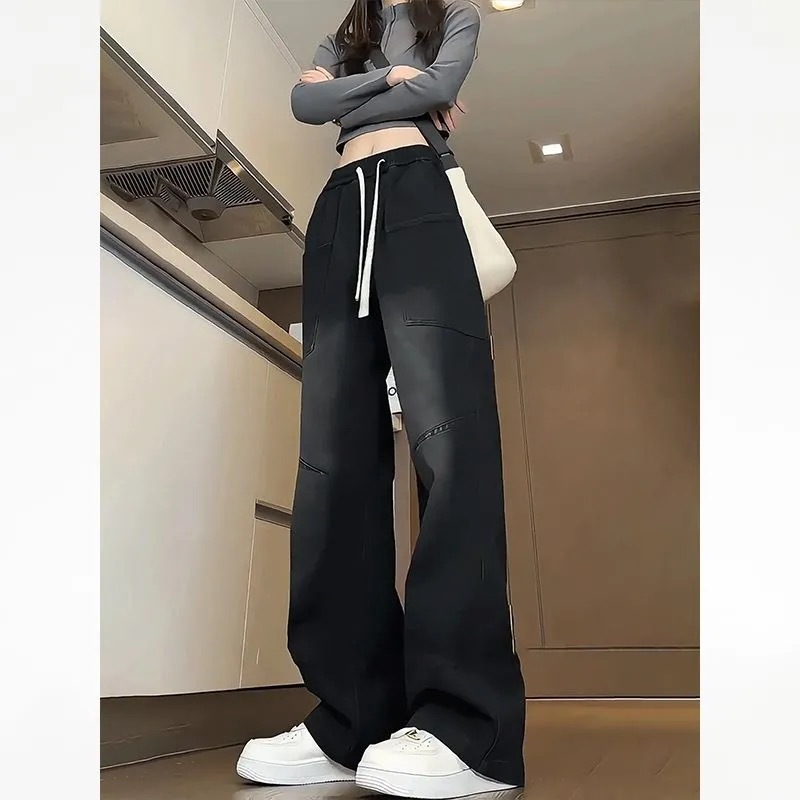 黑色设计感美式斜切明线牛仔裤秋季小众设计微喇裤子潮牌痞帅长裤|undefined