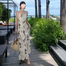 新中式缎面吊带裙子女春季2024新款国风图片色针织面料修身型印花