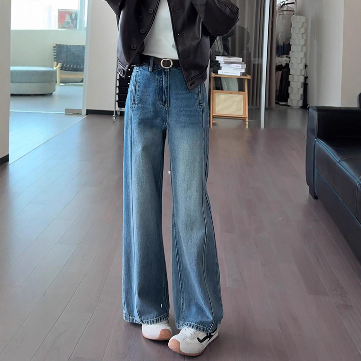 Retro Blue Wide-Leg Jeans for Women 2025 Autum New High-Waist Slim Loose Versatile Straight Scimitar Pants