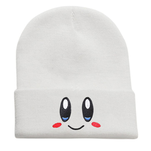 Eye-catching smiley cartoon cute college-style knitted hat, soft pink star-shaped Kirby embroidery expressive versatile yarn hat