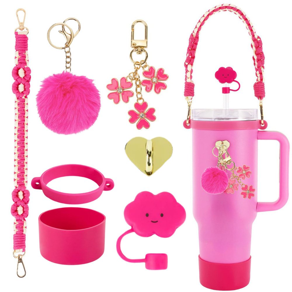 7pcs taza Stanley cuerda de mano colgante de silicona flor tapa de pajita bola de felpa colgante de copa cadena de taza de color